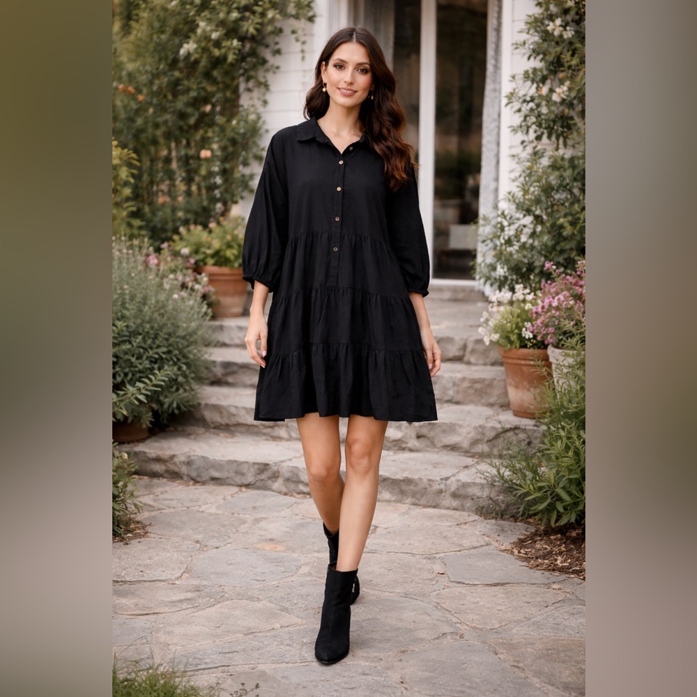 Free People Misha Mini Dress Black Small Fairycore Babydoll Tiered Boho Chic - Picture 13 of 14